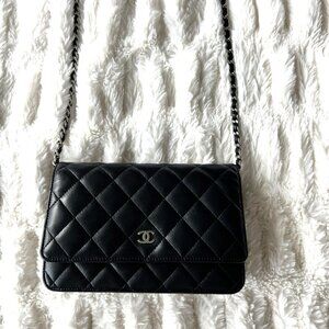Authentic Chanel Black Lambskin Wallet on Chain, Small Crossbody Bag